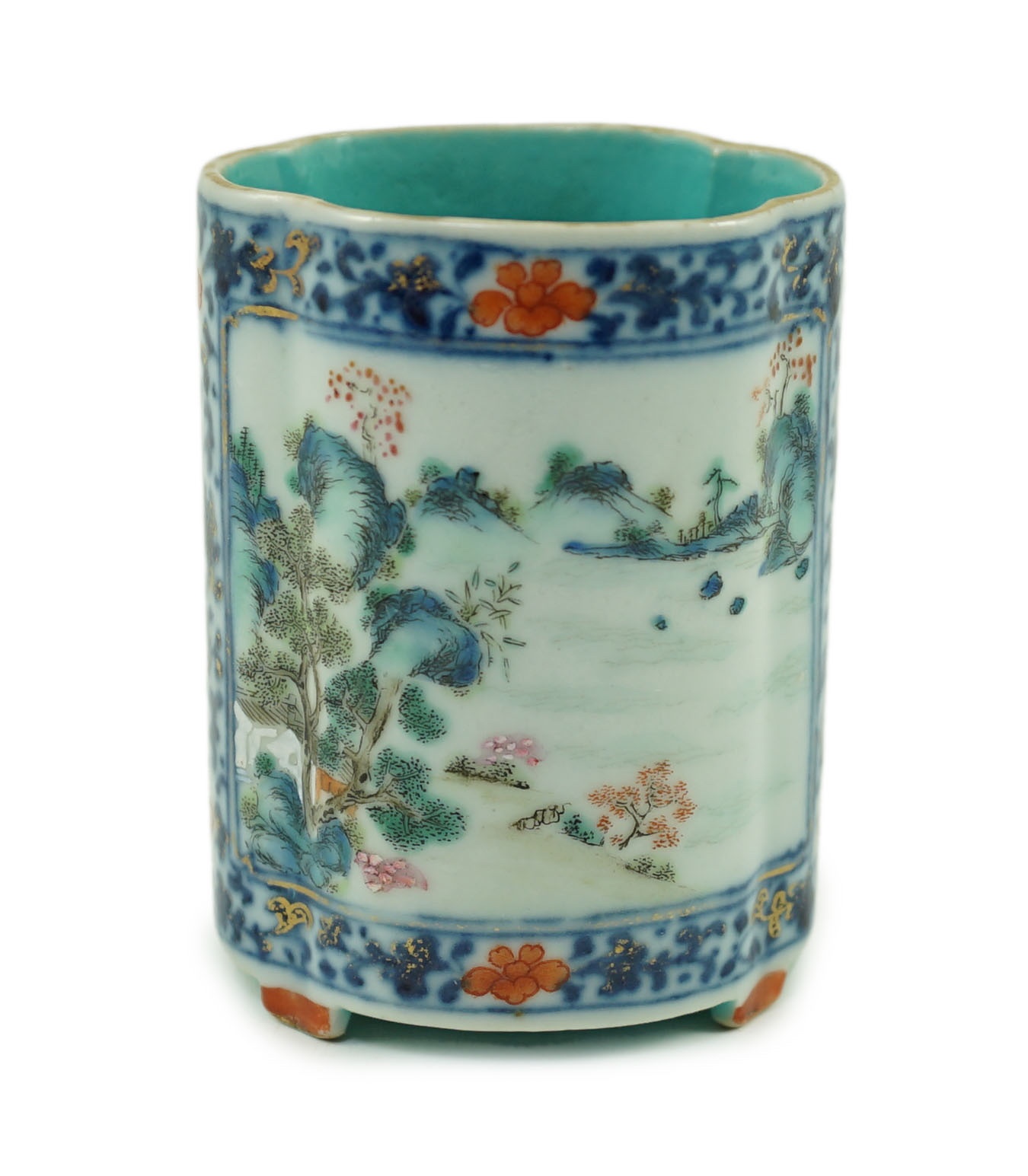 A Chinese famille rose fencai brush pot, Qianlong seal mark but 19th century, 8.1 cm high, wear to gilding